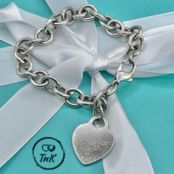 Tiffany & Co. Blank Heart Tag Charm Bracelet 8" Sterling Silver Round Link - Picture 9 of 14